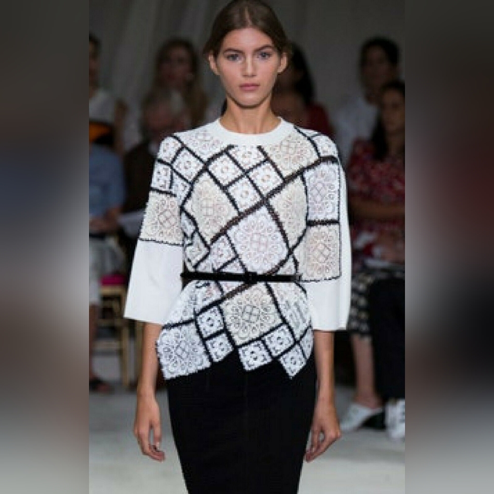 ◇$2,400 OSCAR DE LA RENTA STUNNING IVORY WHT WOOL PATCHWORK KNIT RUNW BLOUSE L